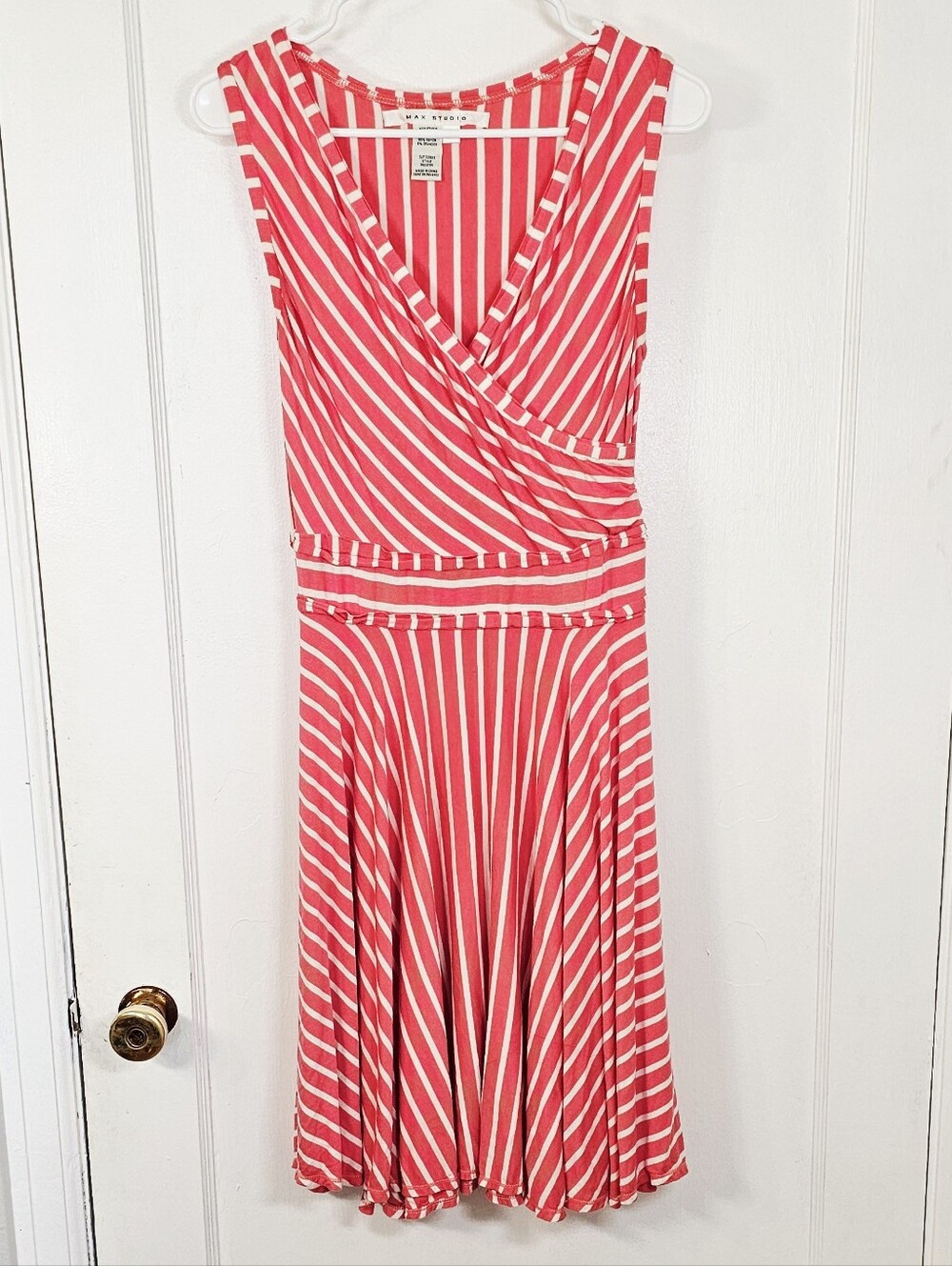 Max Studio Coral and Ivory Striped Sleeveless Midi Dress
